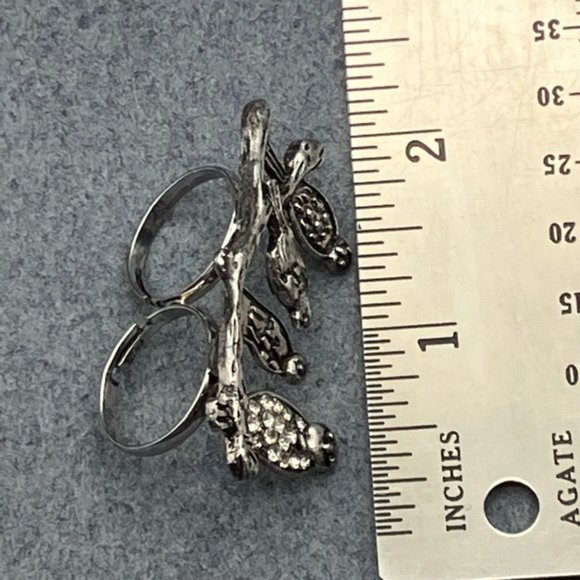 Perched Birds Double Ring Branch Silver Rhinestone Retro BoHo Soft Girl Cottage - Picture 10 of 10